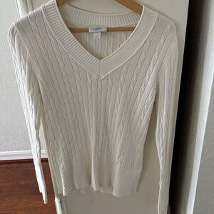 LOFT Women's Ivory V-Neck Cable Sweater